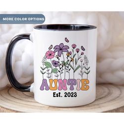 Custom Wildflower Auntie Est Mug, New Aunt Coffee Mug, New Aunt Gift, Pregnancy Announcement Cup, Custom Gift For New Au
