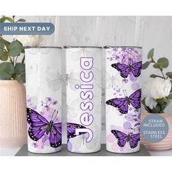 personalized butterfly tumbler with straw for women, purple 20oz tumbler, butterfly gifts, glitter butterfly travel mug,