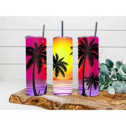 Tropical Plam Trees Tumbler, Personalized Tumbler, Double Wall Insulated, Gift, Tumbler with Lid & Straw, Custom Tumbler
