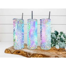 Pastel Faux Holographic Glitter Tumbler, Personalized Tumbler, Double Wall Insulated, Gift, Tumbler with Lid & Straw, Cu