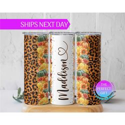 Personalized Fall Tumbler With Straw, Custom Pumpkin Tumbler Fall Gift, Autumn Leopard Tumbler Cup With Lid and Straw, F