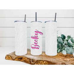 White Sparkles Faux Glitter Custom Tumbler, Personalized Tumbler, Double Wall Insulated, Gift, Tumbler with Lid & Straw,