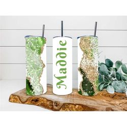 Green Agate Faux Glitter Tumbler, Personalized Tumbler, Double Wall Insulated, Gift, Tumbler with Lid & Straw, Custom Tu