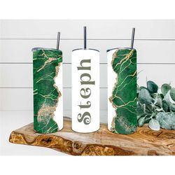 Green Forest Gold Agate Faux Glitter Tumbler, Personalized Tumbler, Double Wall Insulated, Gift, Tumbler with Lid & Stra