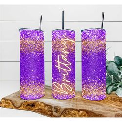 Purple Faux Glitter Tumbler, Personalized Tumbler, Double Wall Insulated, Gift, Tumbler with Lid & Straw, Custom Tumbler