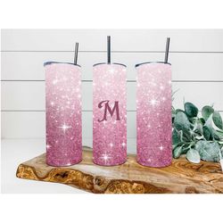 Precious Pink Star Ombre Faux Glitter Tumbler, Personalized Tumbler, Double Wall Insulated, Gift, Tumbler with Lid & Str