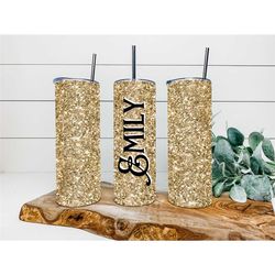 Bright Gold Faux Glitter Custom Tumbler, Personalized Tumbler, Double Wall Insulated, Gift, Tumbler with Lid & Straw, Cu