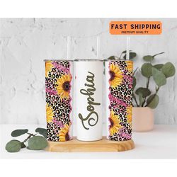 Sunflowe Tumbler Personalized, Sunflower Gifts For Women, Cheetah Print Sunflower Tumbler, Sunflower Cup With Straw, Sun