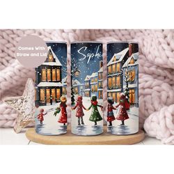 Personalized Carolers Christmas Tumbler, Winter Scene Holiday Tumbler Cup, Custom Name Christmas Mug, Skinny Tumbler Wit