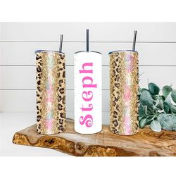 Pink Cheetah Gold Agate Faux Glitter Tumbler, Personalized Tumbler, Double Wall Insulated, Gift, Tumbler with Lid & Stra