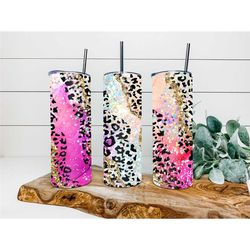 Pink Faux Geode Leopard Glitter Tumbler, Personalized Tumbler, Double Wall Insulated, Gift, Tumbler with Lid & Straw