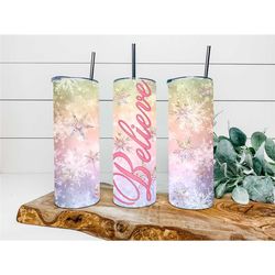 Believe Rainbow Sparkle Snowflakes Christmas Tumbler, Personalized Tumbler, Double Wall Insulated, Gift, Tumbler with Li