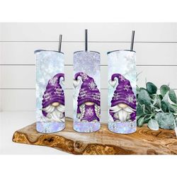 Cute Purple Winter Gnomes Faux Glitter Tumbler, Personalized Tumbler, Christmas Tumbler, Gift, Tumbler with Lid & Straw,