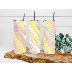 Yellow Marshmallow Milkyway Faux Glitter Tumbler, Personalized Tumbler, Double Wall Insulated, Gift, Tumbler with Lid &