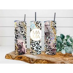 Purple Leopard MaMa Faux Glitter Personalized Tumbler, Double Wall Insulated, Gift, Tumbler with Lid & Straw, Custom Tum