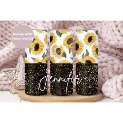 Personalized Glitter Name Tumbler With Straw And Lid, Sunflower Custom Glitter To Go Cup Birthday Gift For Her, Black Gl