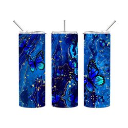 Blue Glitter Butterflies Personalised Insulated Tumbler with Sliding lid and Metal Straw. Suitable for hot and cold drin