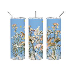 Wildflowers Blue Personalised Option 20oz Tumbler with sliding lid and metal straw. Suitable for hot or cold drinks. Per
