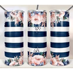 20 or 30oz Skinny Tumbler,  Skinny, Tumbler, Floral Print, Floral, Blue Stripe, Straight, Double Walled,  Lid with Straw