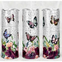 20oz or 30oz Skinny Tumbler | Skinny | Tumbler | Butterflies | Floral Crackle | Flowers | Double Walled | Lid with Straw