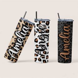 Custom Leopard Print Tumblers, Personalized Insulated Tumbler, Custom Leopard Skinny Tumbler with Metal Straw, Gifts for