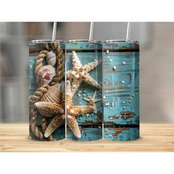 Coastal Beach Tumbler, Starfish and Seashells Design, Ocean Lover Insulated Cup, Gift for Sea Enthusiasts, Travel Mug, N