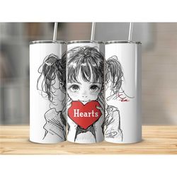 Anime-Inspired Cute Girl Sketch Tumbler, Hand-Drawn Heart Love Manga Art, Unique Artist Designed Drinkware, Gift Idea