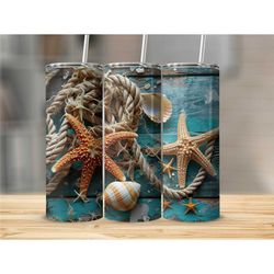 Nautical Tumbler with Starfish and Shells Design, Ocean Theme Travel Mug, Beach Lover Insulated Cup, Gift Idea for Sea E