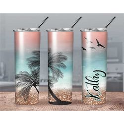 Beach Life Personalized Tumbler// Sunset on the beach Coffee Tumbler// Palm Tree Tumbler// Personalized Gift Tumbler// S