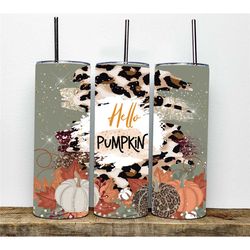 Hello Pumpkin Fall Maple Leaves Leopard Tumbler Personalized, Fall Gifts For Women, Fall Tumbler With Straw, Fall Pumpki