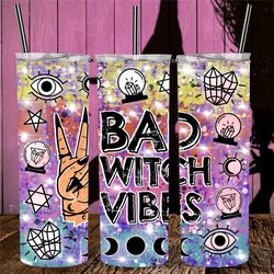 Halloween Bad Ass Witch Vibes Tumbler, Neon Grafitti Glitter Travel Coffee Mug Gift, Magic Wiccan Cup, Trendy Skinny Tum