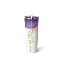 Faith Signature,Purple White Gold Glitter Alcohol Ink Cup,Religious Travel Mug ,Skinny Steel Tumbler with Straw,20oz,Chr