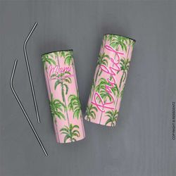 Palm Tree Pink Text Tumbler, Custom Tropical Bridesmaid Skinny Tumbler, Bridesmaid Tumbler, Birthday Tumbler,Personalize