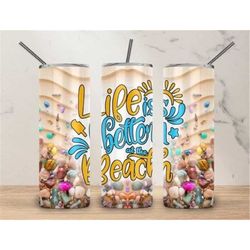 Life Is Better At The Beach,Sandy Crystal Gems Quote,Tropical Summer Vibes Cup,Cute Saying,Travel Mug,Skinny Steel Tumbl