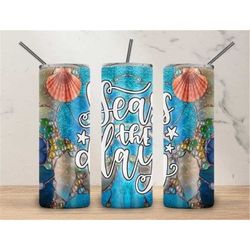 Seas The Day,Blue Pink Crystal Gems Seashells Quote,Tropical Summer Vibes Cup,Cute Saying,Travel Mug,Skinny Steel Tumble