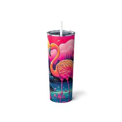 Neon Flamingo Cup,Hot Pink Tropical Nature Scene,Travel Sublimation Mug Gift,Skinny Steel Tumbler with Straw,20oz,Birthd