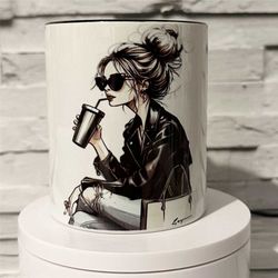 Illustrated Designer Fashion Girl 11oz Two Tone Creamic Coffee Mug. Makeup Mug Personalisation available. Perfect Gift.