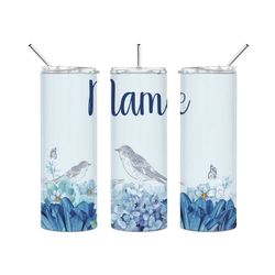 Birds and Blue Flowers Personalised Option 20oz Tumbler with sliding lid and metal straw. Suitable for hot or cold drink
