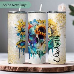 Personalized Skull and Skeleton Tumbler Gift For Her - Flower Tumbler Halloween Tumbler With Name Tumbler Gift 20oz - Co