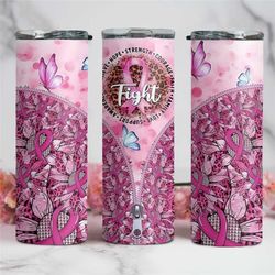 Breast Cancer Fight Support Hope Zipper Tumbler,Butterfly Floral Pink Travel Coffee Mug,Birthday Gift,October Skinny Tum
