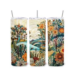 Garden Embroidery Art Tumbler | Thread Art Garden Scene Water Bottle | 20oz Drinkware Birthday Gift | Gift for Her | Gif