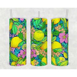 Neon Lemon Tumbler | Neon Floral Art Water Bottle | 20oz Citrus Drinkware Birthday Gift | Gift for Her | Gift for Mom