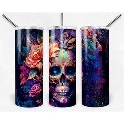 skull neon tumbler | skull art water bottle | 20oz floral skull drinkware birthday gift | gift for her | gift for him