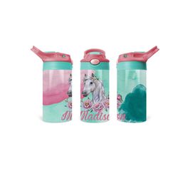 Kid's Personalized Horse Tumbler | Girl's Custom Flip Top Floral Water Bottle | Pink and Turquoise Water Cup