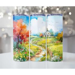Watercolor Farm Skinny Metal 20oz handmade tumblers - Hot and Cold drink cups - Insulated metal tumbler with lid and str