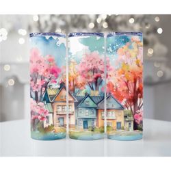 Watercolor houses Skinny Metal 20oz handmade tumblers - Hot and Cold drink cups - Insulated metal tumbler with lid and s