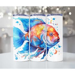 Fish themed metal tumbler -Tumblers - Hot and Cold drink cups - Insulated metal tumbler with lid and straw - Gifts for h