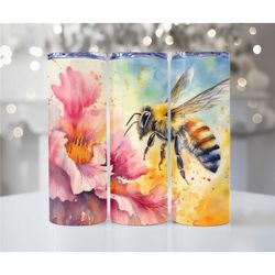 Watercolor Bee Skinny Metal 20oz handmade tumblers - Hot and Cold drink cups - Insulated metal tumbler with lid and stra