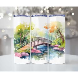 Watercolor bridge Skinny Metal 20oz handmade tumblers - Hot and Cold drink cups - Insulated metal tumbler with lid and s