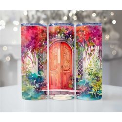 Watercolor Old door Skinny Metal 20oz handmade tumblers - Hot and Cold drink cups - Insulated metal tumbler with lid and